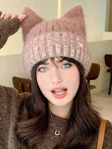قبعة نسائية صلبة اللون من الفرو الناعم بطراز بوهيمي كاجوال ريترو ملكي، قبعة دافئة محبوكة بأذن قطة وفيونكة مناسبة للاستخدام الخارجي في فصلي الخريف والشتاء