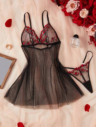 2pcs Women's Sexy Nightgown & Robe Set, Sheer Mesh Floral Design, Adjustable Spaghetti Straps Lingerie Dress Set
