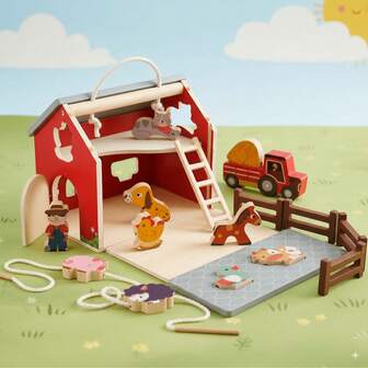 1件套蒙特梭利木制农场谷仓游戏套装，彩色便携式动物形状配对穿线玩具套装，适合3-6岁幼儿，儿童玩具，木制玩具，农场动物，农夫拖拉机，角色扮演，精细动作认知发展，蒙特梭利玩具，学前教育，居家旅行活动，圣诞节生日礼物，男孩女孩皆宜