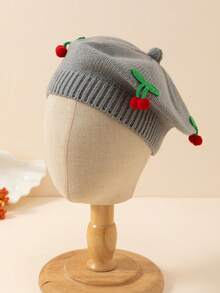 1 pieza Gorro de boina tejido con diseño de cereza lindo para niños, adecuado para usar en otoño/invierno para mantener el calor y para uso diario - A - Ver 23