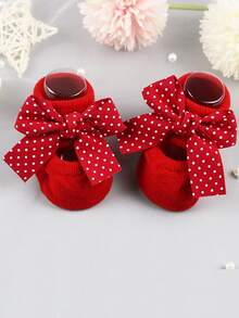 5 Pairs Baby Girls' Cute Bow Decor Red Short Socks, Hollow Instep With Gripping Dots, Suitable For Infants Daily Wear, Valentine's Day