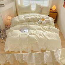 Chic Ruffle Lace Polyester Duvet Cover Set - Girl White Bedding - 2 Piece Twin Comforter Duvet Cover With Zipper Closure - Ultra Soft And Lightweight (White, Twin) - NO Comforter Included - 淡黃色 - 查看 1