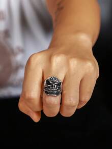 1pc 925 Sterling Silver Vintage Blackened Punk Style Smoking Skull Ring, Suitable For Men To Wear On Holidays