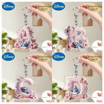 1 Stitch Acrylic Keychain - 26 English Alphabets, Cute Angel Cartoon Design With Floral Decoration, Durable Zinc Alloy Pendant, Suitable For Bags, Car Key Accessories And Gifts, Valentine's Day And Birthday Accessories, Stitch Bag Pendant, Keychain Accessory, Lively Design, Bright Colors, 2D Flat (If The Product Is Not Transparent, Please Tear Off The Protective Film On The Back Of The Printing)