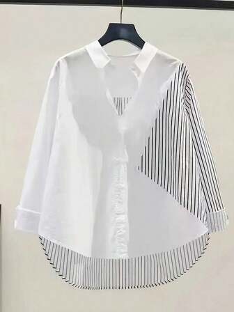 大码女式落肩长袖撞色不对称条纹设计休闲衬衫