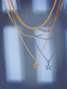 1入組銀金屬手工鏈條帶太陽和月亮吊墜多層項鍊