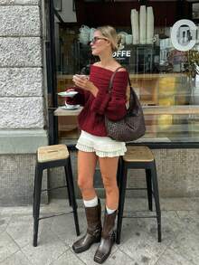 Senya Autumn/Winter New Solid Color One-Shoulder Long Sleeve Red Knit Sweater, Fashionable Loose Sexy Pullover, Women's Winter Sweater For Valentine's Day, New Year - Burgundy - View 3