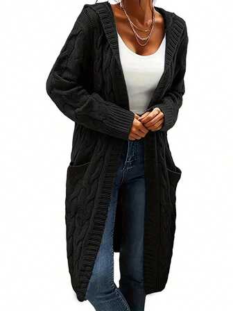 Women Plus Size Mid-Long Hooded Button Drawstring Ribbed Knit Cardigan, For Winter