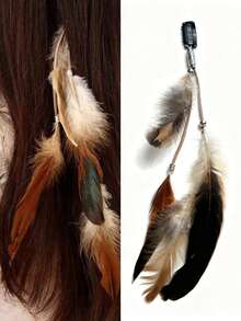 3pcs Snap Button Artificial Feather Boho Style Feather Tassel Hair Clips, Suitable For Women's Daily Use, Hair Slide, Hair Barrettes