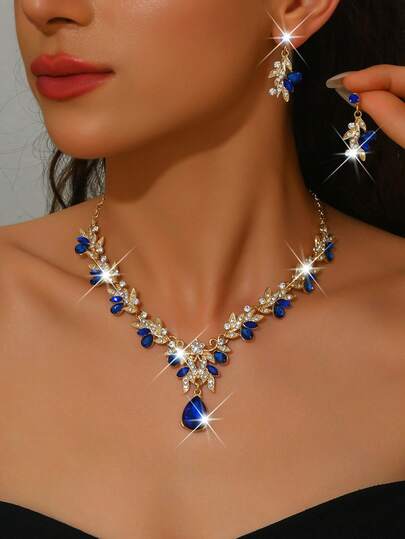 奢华婚礼派对女式礼服水钻装饰珠宝时尚闪亮项链和耳环套装，舞会礼服珠宝配饰