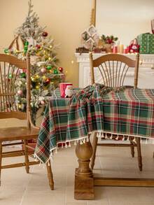 1pc Christmas Green Tablecloth, Tassel Fringe, Retro Green Plaid, Brushed Woven Fabric, Rectangular, Washable, Suitable For Coffee Table, Bedside Cabinet, Autumn/Winter Dining Table Decor, Suitable For Home, Kitchen, Party, Holiday, Christmas, New Year Decoration