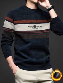 Men's Thick Striped Chenille Sweater, Business Commute & Casual Versatile Middle-Aged Knitted Pullover, Winter, Long Sleeve Top