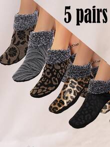 5 Pairs/10 Pairs Women's Leopard Print Thermal Lined Ankle Socks, Warm Indoor Slippers Socks, Casual Fashion ,On Slipper Socks, Cozy Socks - Multicolor - View 12