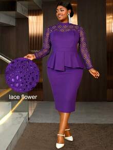 Elegant Purple Plus Size Bodycon Midi Dress Asymmetrical Ruffled With Long Sleeves Stand Collar And Contrast Lace Hollow Out Design For Wedding Dinner Party