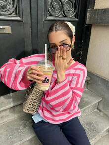 Senya Damen Lässig Farbblock gestreifter Drop-Shoulder Pullover, Langarm Rundhals Pullover, locker vielseitiger Strick-Oberteil