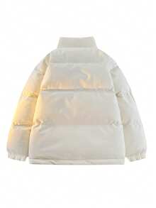 1pc Men's Beige Stand Collar Cotton Padded Coat, Polyester Fabric, Loose Quilted Puffer Style, Suitable For Streetwear, Commuting In Winter, Old Money Style - Beige - View 3