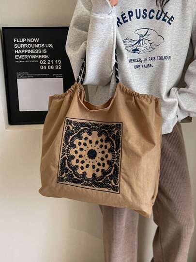 Embroidered Retro Bucket Bag For Women, New Niche Versatile Commuter Shoulder Bag, Embroidered Cashew Flower