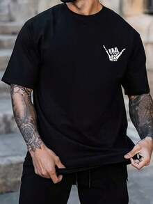 Camiseta de manga corta casual de verano para hombres con estampado de calavera y mano Cuello Redondo Algodón 100% Tejido Suave Manga Corta - Negro - Ver 7