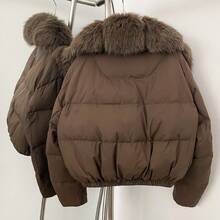 OFTBUY 女式纯色梭织面料仿毛领夹克，秋冬休闲街头服饰 - 咖色 - 查看 7