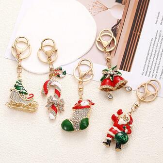 Fashionable Minimalist Alloy Rhinestone Santa Claus Series Exquisite Car Key Chain Bag Pendant, European And American Christmas Series Key Chain, Cute Christmas Tree Oil Drop Metal Pendant, Christmas Decorations, Bohemian Zinc Alloy Accessories, Autumn Bag Charms Car Teacher Friend Sister Gift Ideas