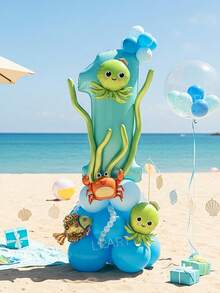 36件套海洋主题生日派对装饰气球，夏季海滩主题生日气球，40英寸浅蓝色0-9数字铝箔气球，迷你章鱼、螃蟹、鱼形气球，18英寸透明泡泡气球，10英寸蓝色乳胶气球，适合婴儿派对、夏季派对装饰 - 藍色 - 查看 5