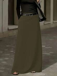 Women's Solid Color Elastic Waist Knit Fabric Pocket High-Waist Midi/Skirt, Autumn/Winter