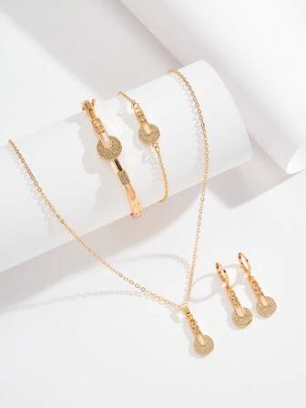 5pcs/Set Minimalist Square Copper Necklace, Earrings, Bracelet Jewelry Set, Suitable For Women's Daily Wear, Parties, Banquets And Weddings