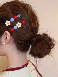 2 Stücke/Set süße rote Blumen Perlen Haarspangen, einfacher koreanischer Stil Mädchen Pony Haarschmuck