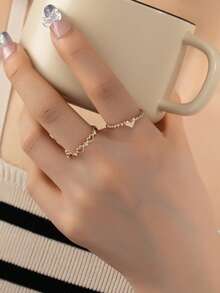 1 套心形和麻花针织图案简约百搭可爱戒指套装，适合日常通勤 - 彩色 - 查看 4