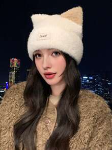 1 pièce Chapeau tricoté mignon avec oreilles de chat pour femmes, bonnet doublé de polaire chaud avec décoration de lettre, convient pour l'automne/l'hiver, la promenade, les courses, le port quotidien - MM2683 - Voir 9