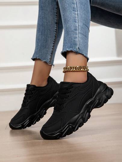 Women's Thick Sole Casual Sneakers, Versatile Fashion Platform Shoes, Round Toe Lace-Up Chunky Mum Shoes