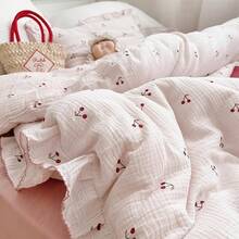 Muslin Duvet Cover With Ruffled Edges, 1 Piece Cotton Comforter Cover 47X59'', Pattern 2-Layer Gauze Bedding, No Quilt Or Pillowcases, Bedroom Essential - 櫻桃 - 查看 5