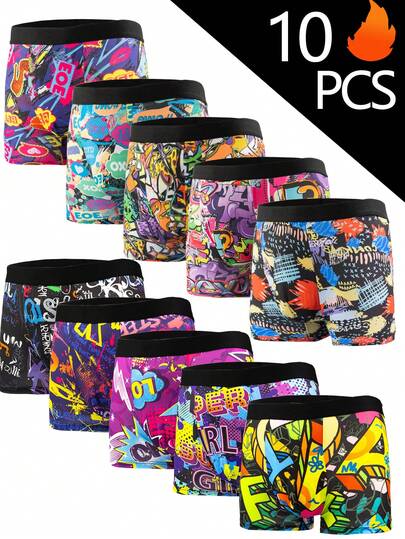 10pcs/Pack Men & Teenage Boys Comfortable High Elastic Boxer Briefs, Sports Shorts, Novelty Underwear, Cycling Shorts
