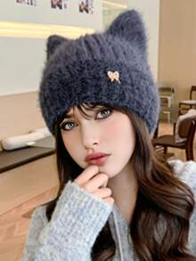قبعة نسائية صلبة اللون من الفرو الناعم بطراز بوهيمي كاجوال ريترو ملكي، قبعة دافئة محبوكة بأذن قطة وفيونكة مناسبة للاستخدام الخارجي في فصلي الخريف والشتاء