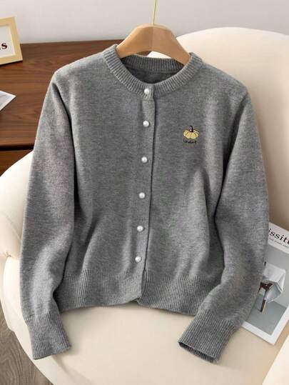 Cardigan en tricot décontracté ample pour femmes, avec boutons devant, côtelé, avec broderie de citrouille, pour l'automne/hiver et garder au chaud