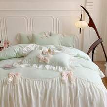 Aesthetic Girls Twin Comforter Cover Set, Romantic French Princess Style Ruffled Duvet Cover With Lovely Bow And Zipper Closure - Pink, Twin Size - Green - View 8
