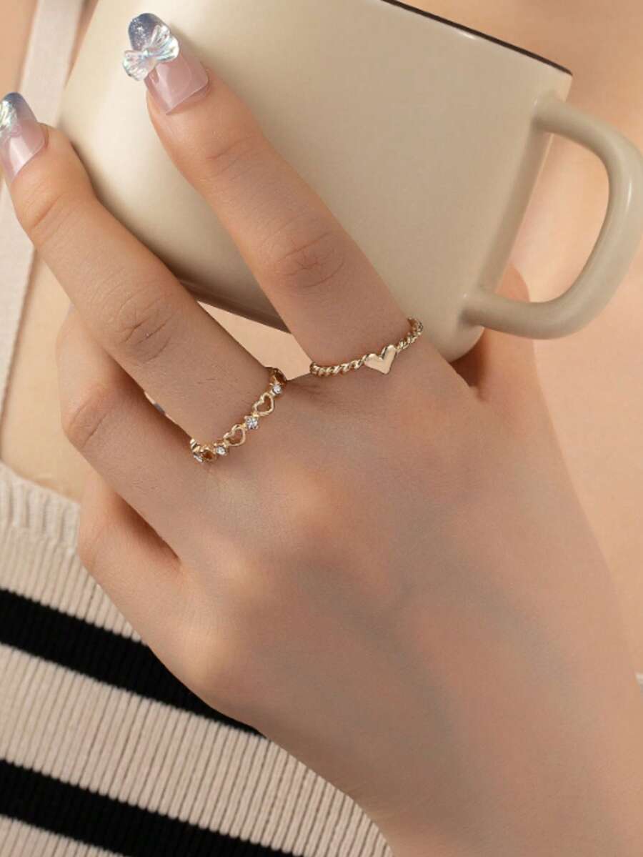 1 套心形和麻花针织图案简约百搭可爱戒指套装，适合日常通勤 - 彩色 - 查看 1