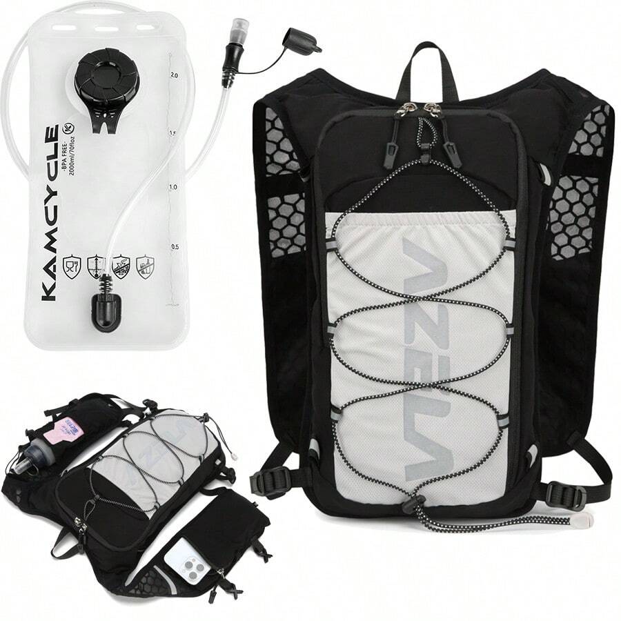 男女通用跑步背心，配备2升水袋，骆驼牌水袋背包，可调节透气跑步水袋背心，带功能性口袋（手机袋），透气跑步背包，手机袋，水壶袋，可调节越野跑背包，适用于马拉松、徒步、骑行