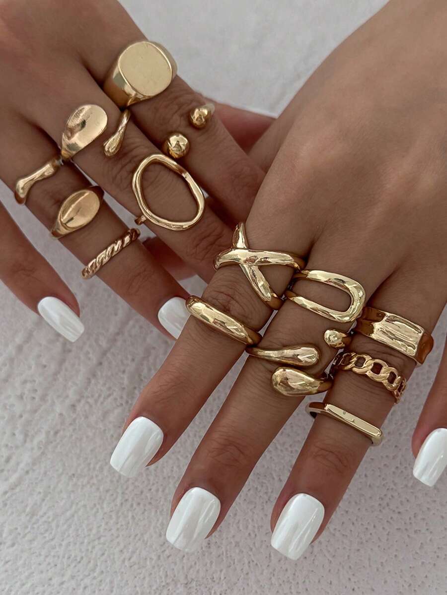 Set de 14 piezas de anillos minimalistas de metal líquido con diseño geométrico liso de lágrima y abrazo, adecuado para uso diario de mujeres, fiesta de aniversario, regalo del Día de San Valentín