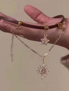 1 件棕色多层太阳吊坠项链，女士时尚珠宝 - 棕色 - 查看 3