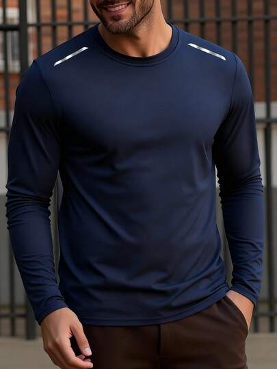 Camiseta de cuello redondo de manga larga y peso ligero para uso casual o deportivo para hombres