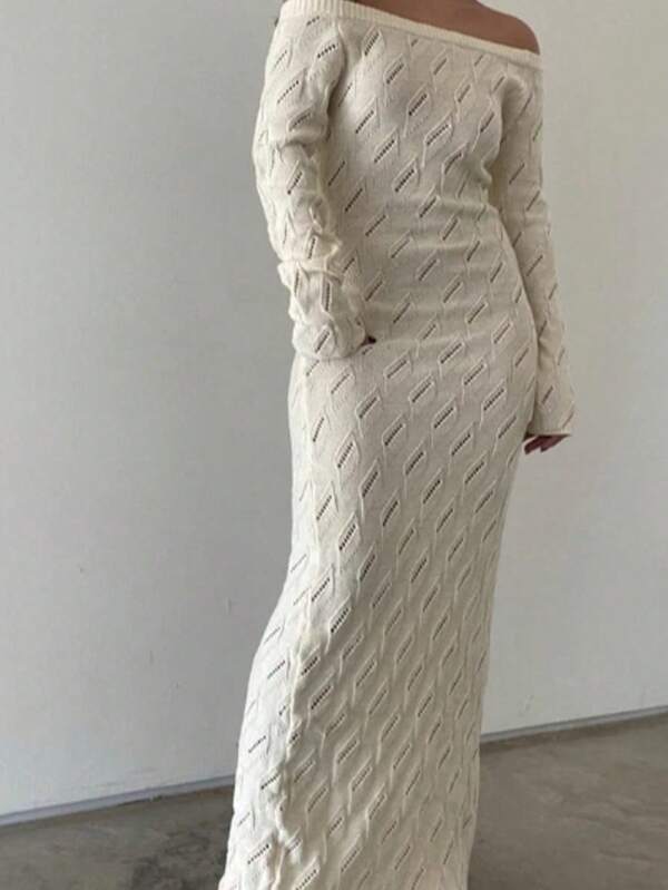Women's Off-Shoulder Knitted Long Sleeve Hollow-Out Long Sweater Dress, Slightly Stretchy, Semi-Sheer Fabric, Elegant Fitted Autumn Style