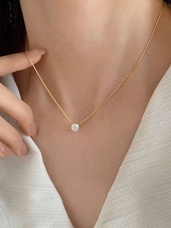 Women's Gold Minimalist Solitaire Cubic Zirconia Necklace - Dainty Daily Wear Jewelry
