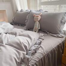 Chic Ruffle Lace Polyester Duvet Cover Set - Girl White Bedding - 2 Piece Twin Comforter Duvet Cover With Zipper Closure - Ultra Soft And Lightweight (White, Twin) - NO Comforter Included - 淺灰色 - 查看 8