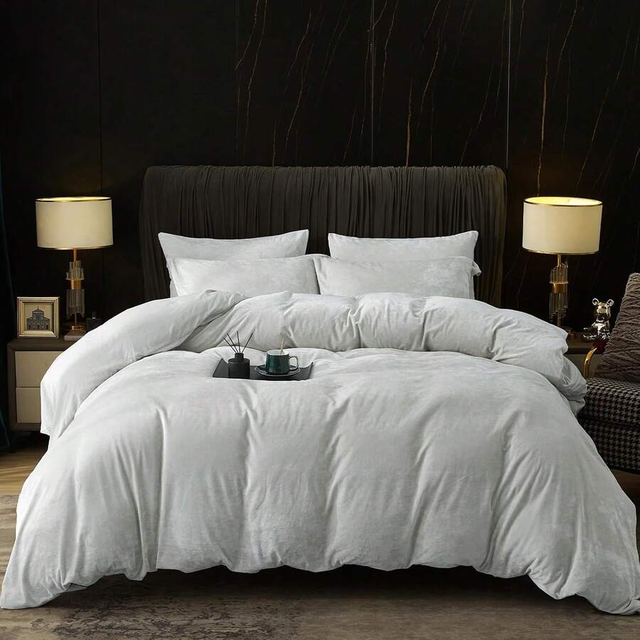 Queen Size 3pcs Ultra Soft Breathable Comforter Cover Set, Luxury Cozy Flannel Duvet Cover With Pillow Shams, 90" X 90", Dark Grey, And Bedding Collection - 銀灰色(無被子) - 查看 1