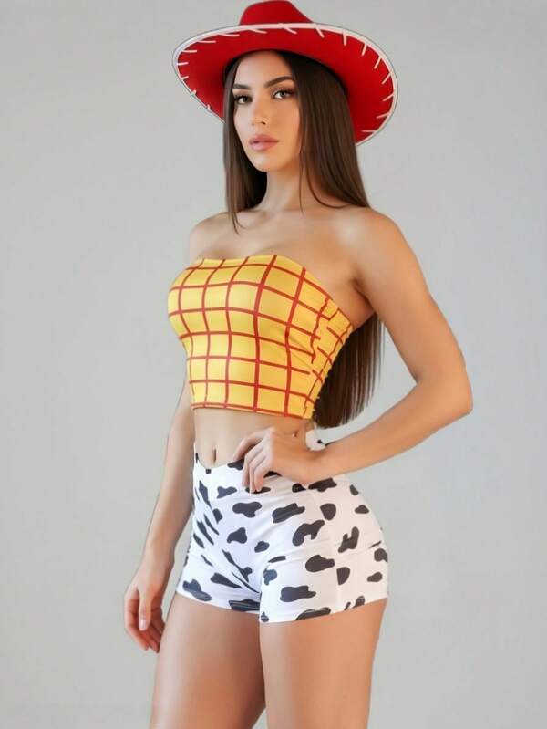 Disfraz Vaquera Blusa Short Moda Personaje Anime Cosplay Sexy  Dama Halloween Dia de Muertos Mujer Vaquita