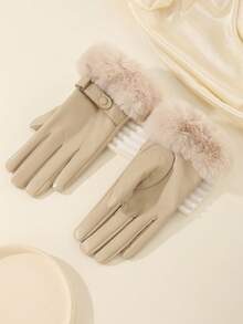 1 双女士皮手套，带毛茸茸袖口，时尚保暖内衬触摸屏手套，防水防风 PU 皮手套 - 米色毛口皮帶扣 - 查看 3