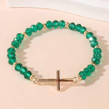 1 Simple Retro Stainless Steel Cross Crystal Beaded Elastic Bracelet Suitable For Men And Women - Blue - View 8