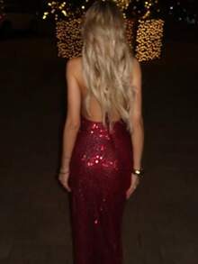 StyleQye 女士优雅简约精致法式时尚闪亮派对露背拉链连衣裙、正式晚礼服、约会之夜 - 中紫紅色 - 查看 5