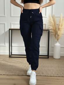Plus Size Women's Fashion Elegant Solid Color Casual Drawstring Waist Cargo Pants